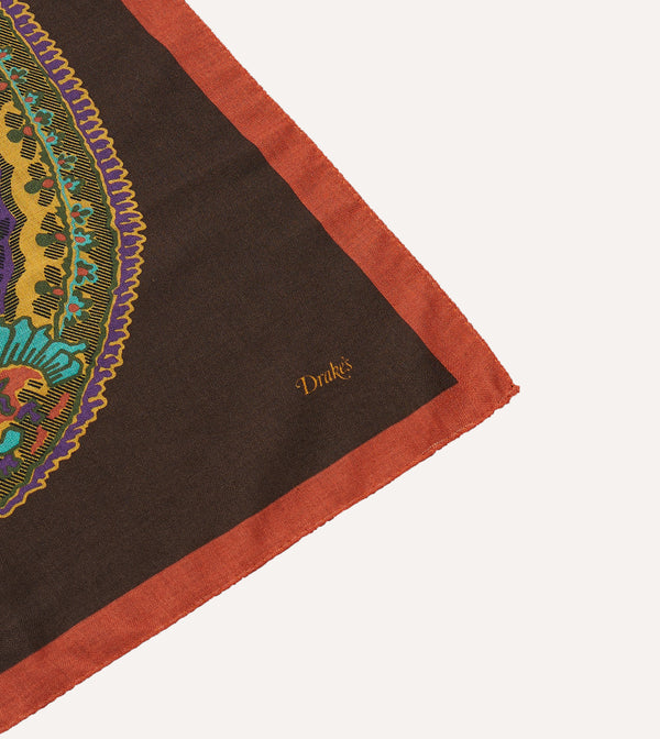 Drake's Brown Large Paisley Print Wool-Silk Bandana