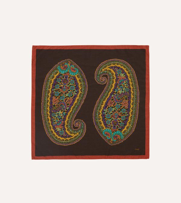 drake's Brown Large Paisley Print Wool-Silk Bandana