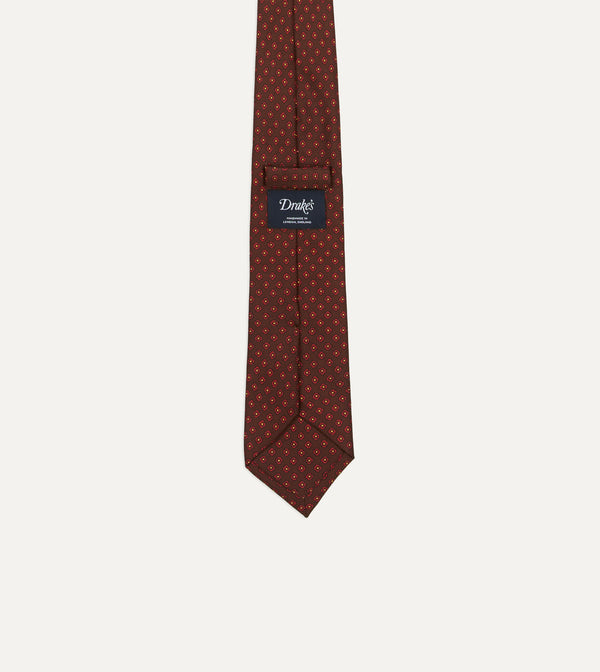 Drake's Brown Micro Geometric Print Silk Twill Self Tipped Tie