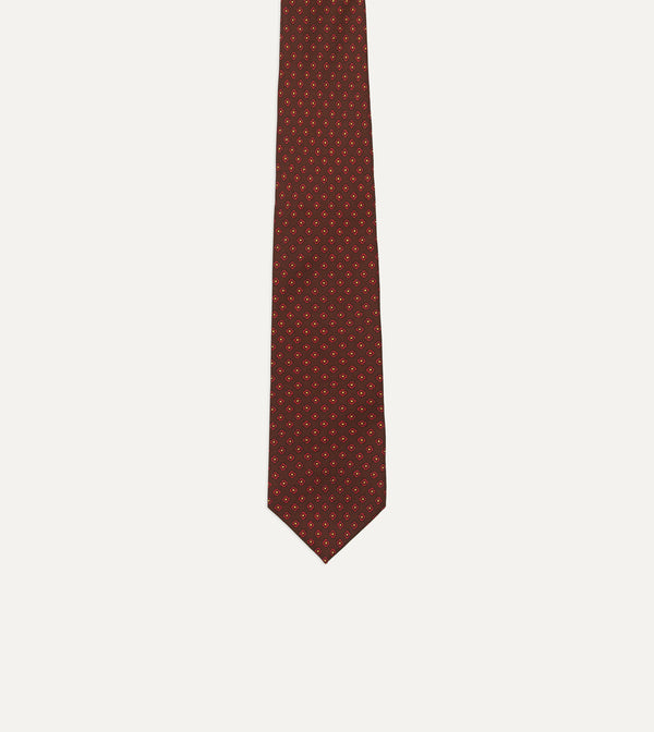 Drake's Brown Micro Geometric Print Silk Twill Self Tipped Tie