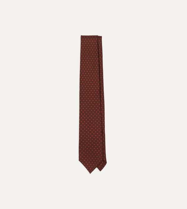 drake's Brown Micro Geometric Print Silk Twill Self Tipped Tie