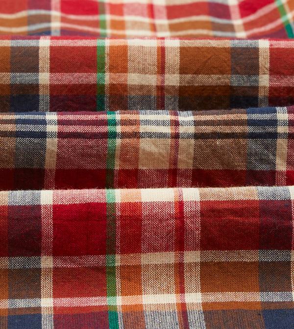 Drake's Brown Navy And Red Madras Check Cotton Mandarin Collar Popover Shirt