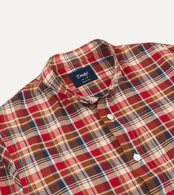 Drake's Brown Navy And Red Madras Check Cotton Mandarin Collar Popover Shirt