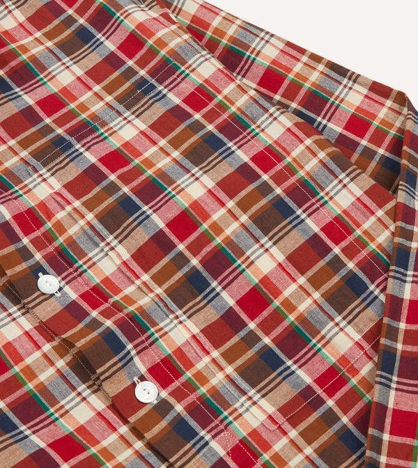Drake's Brown Navy And Red Madras Check Cotton Mandarin Collar Popover Shirt