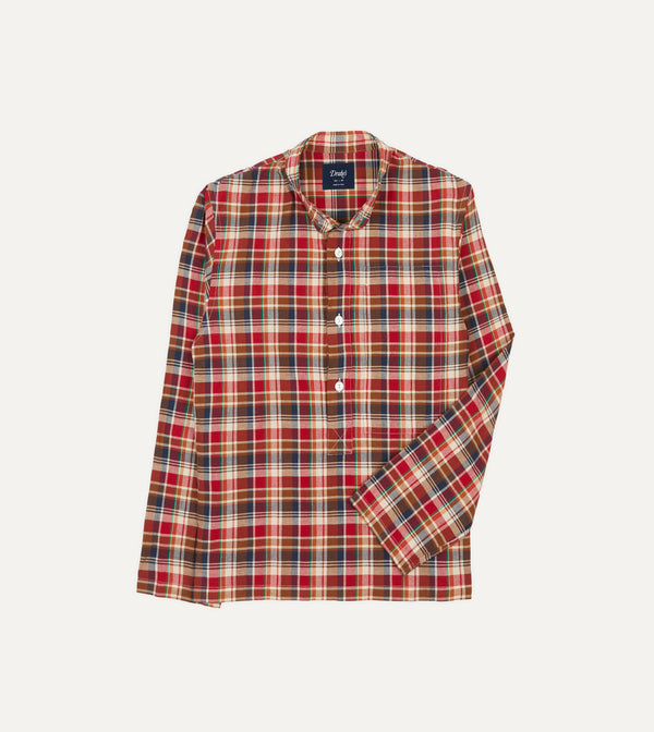 drake's Brown Navy and Red Madras Check Cotton Mandarin Collar Popover Shirt