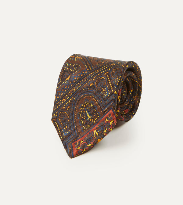 Drake's Brown Navy And Red Paisley Print Madder Twill Silk Tie