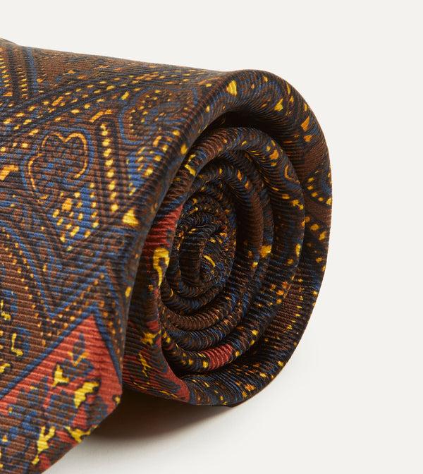 Drake's Brown Navy And Red Paisley Print Madder Twill Silk Tie