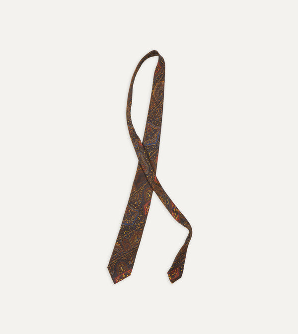 Drake's Brown Navy And Red Paisley Print Madder Twill Silk Tie