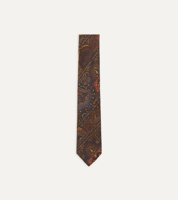 drake's Brown Navy and Red Paisley Print Madder Twill Silk Tie