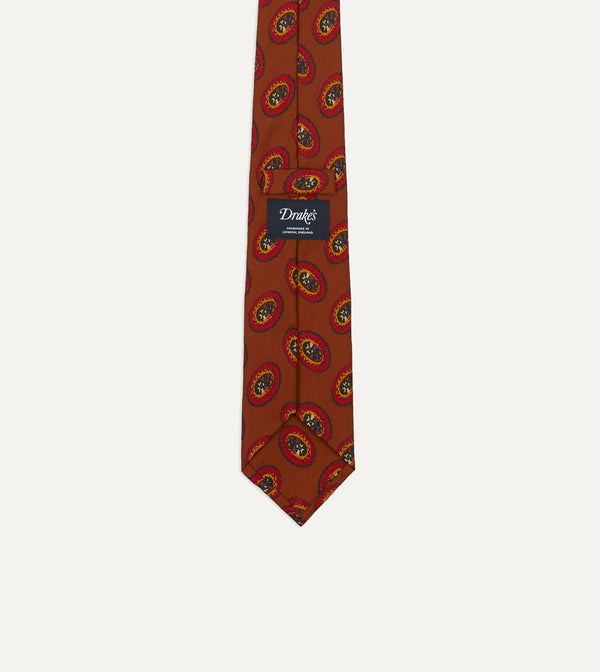 Drake's Brown Oval Medallion Print Silk Self Tipped Tie