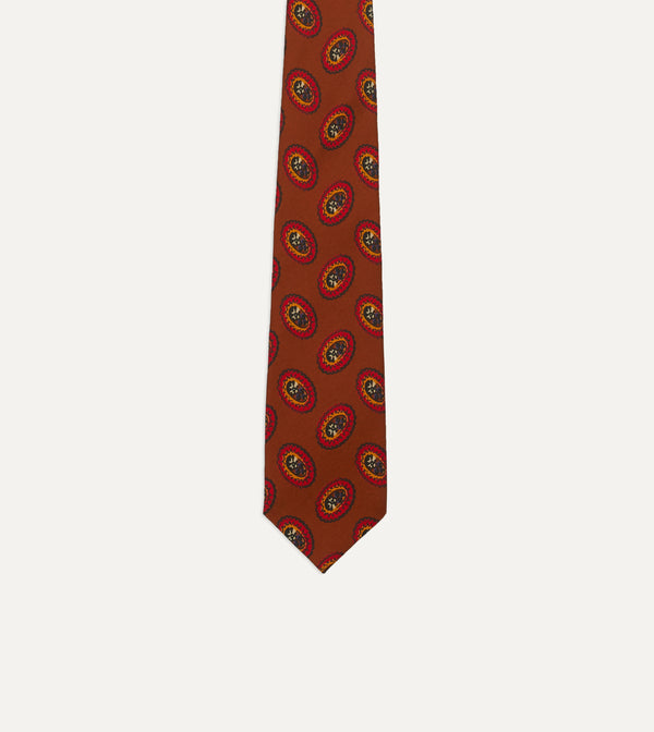 Drake's Brown Oval Medallion Print Silk Self Tipped Tie