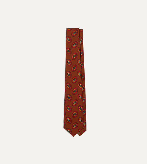 drake's Brown Oval Medallion Print Silk Self Tipped Tie