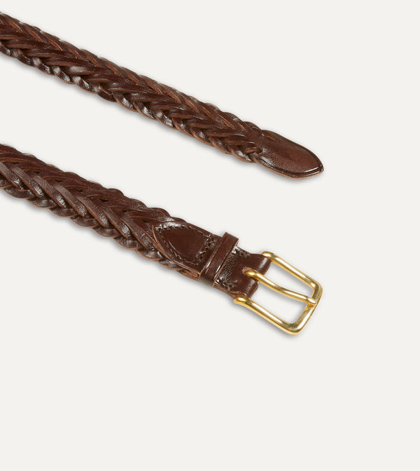 Drake's Brown Plaited Bridle Leather Belt With Brass Buckle