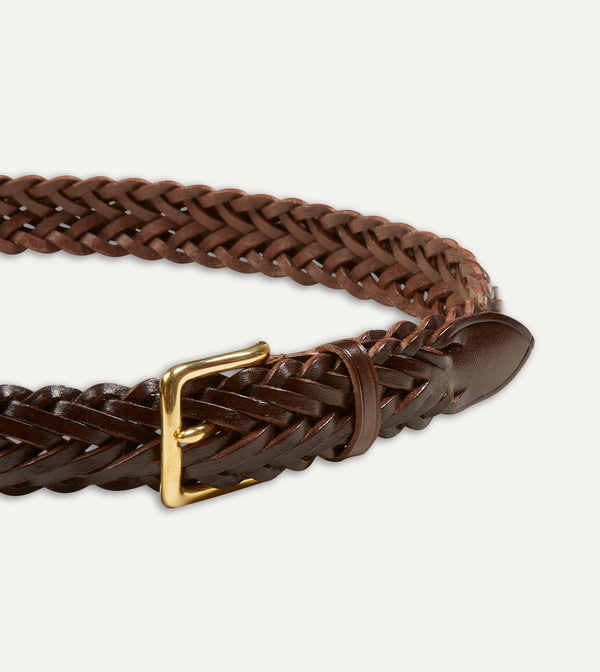 Drake's Brown Plaited Bridle Leather Belt With Brass Buckle
