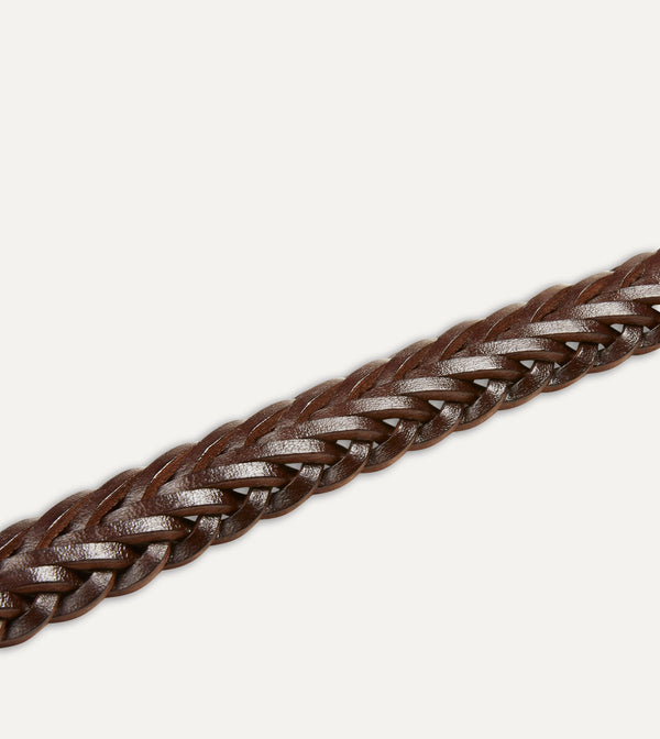 Drake's Brown Plaited Bridle Leather Belt With Brass Buckle