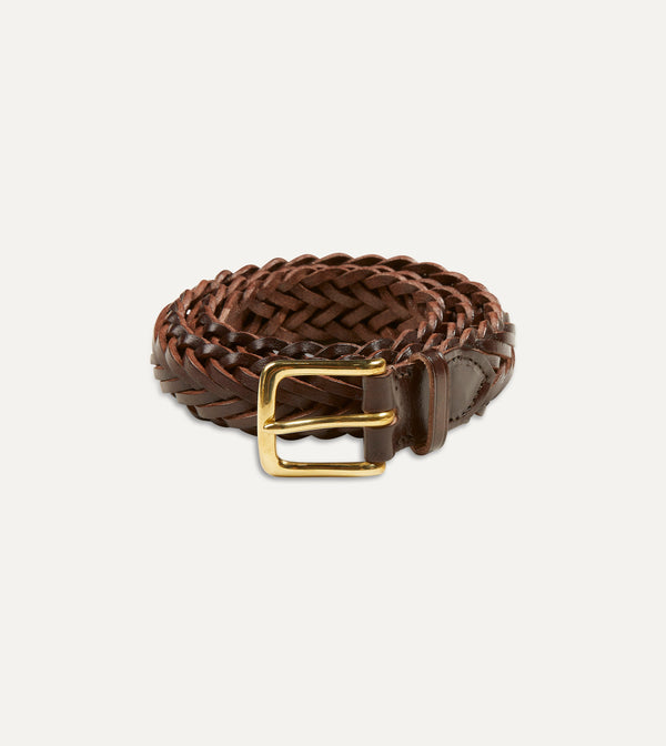 drake's Brown Plaited Bridle Leather Belt with Brass Buckle