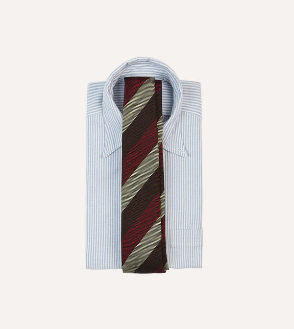 Drake's Brown Red And Ecru Block Stripe Hand Rolled Silk Grenadine Tie