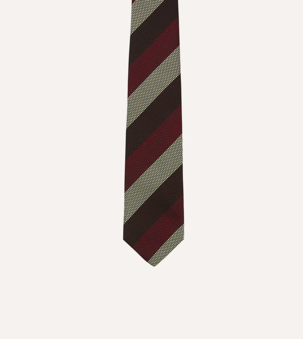 Drake's Brown Red And Ecru Block Stripe Hand Rolled Silk Grenadine Tie
