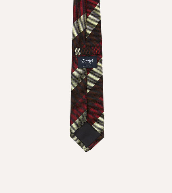 Drake's Brown Red And Ecru Block Stripe Hand Rolled Silk Grenadine Tie