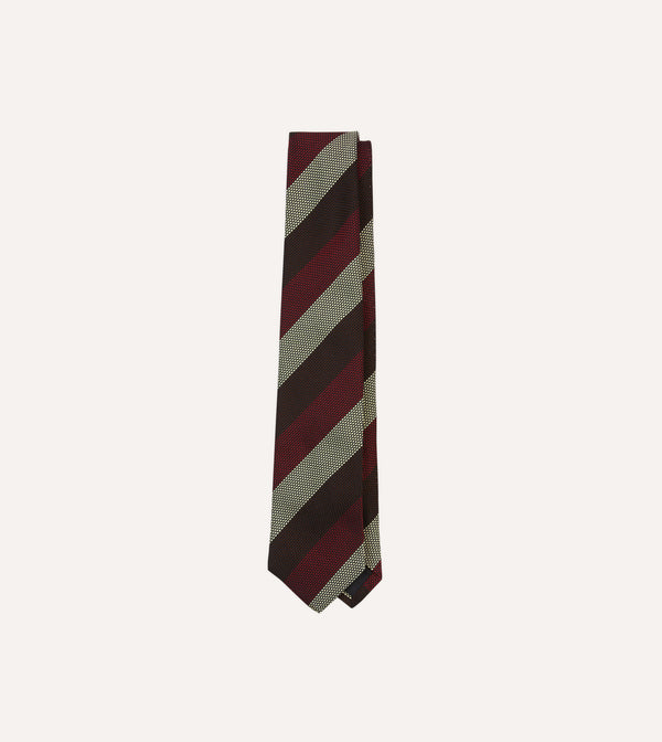 drake's Brown Red and Ecru Block Stripe Hand Rolled Silk Grenadine Tie