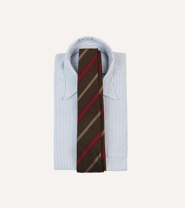 Drake's Brown Red And Ecru Stripe Hand Rolled Silk Grenadine Tie