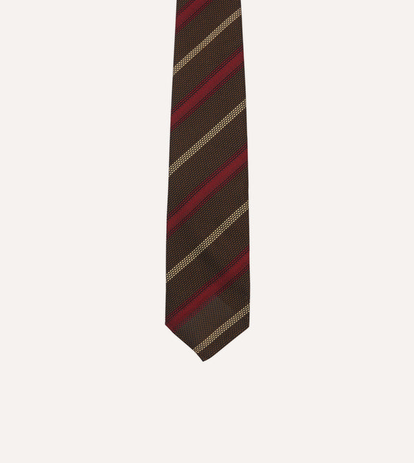 Drake's Brown Red And Ecru Stripe Hand Rolled Silk Grenadine Tie