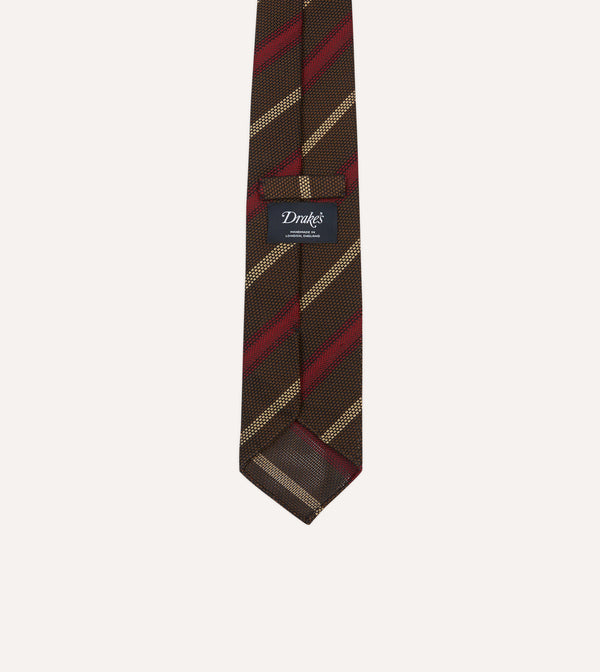Drake's Brown Red And Ecru Stripe Hand Rolled Silk Grenadine Tie