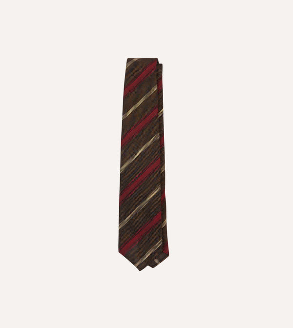 drake's Brown Red and Ecru Stripe Hand Rolled Silk Grenadine Tie