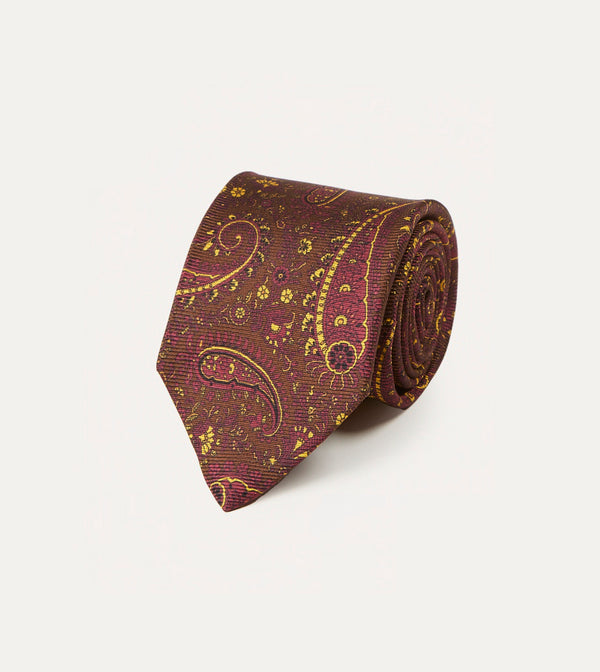 Drake's Brown Red And Yellow Paisley Print Madder Twill Silk Tie
