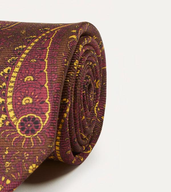 Drake's Brown Red And Yellow Paisley Print Madder Twill Silk Tie
