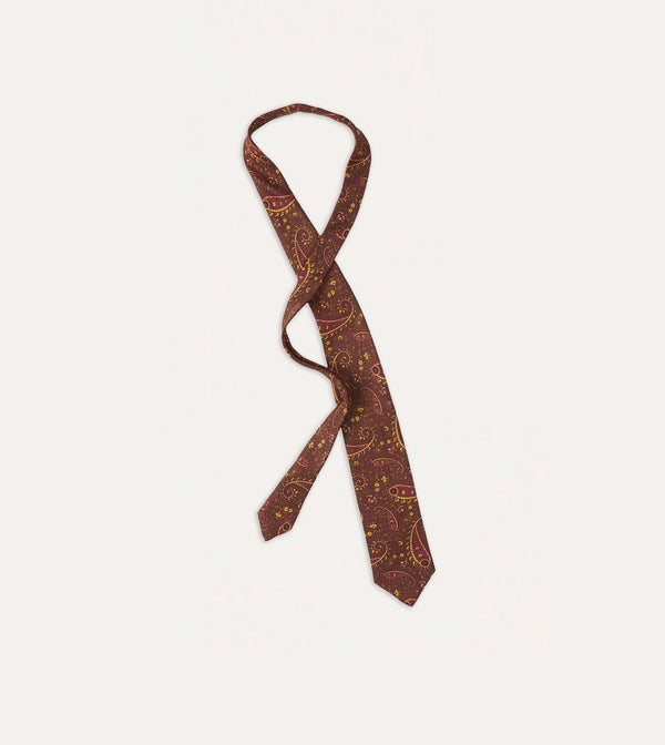 Drake's Brown Red And Yellow Paisley Print Madder Twill Silk Tie