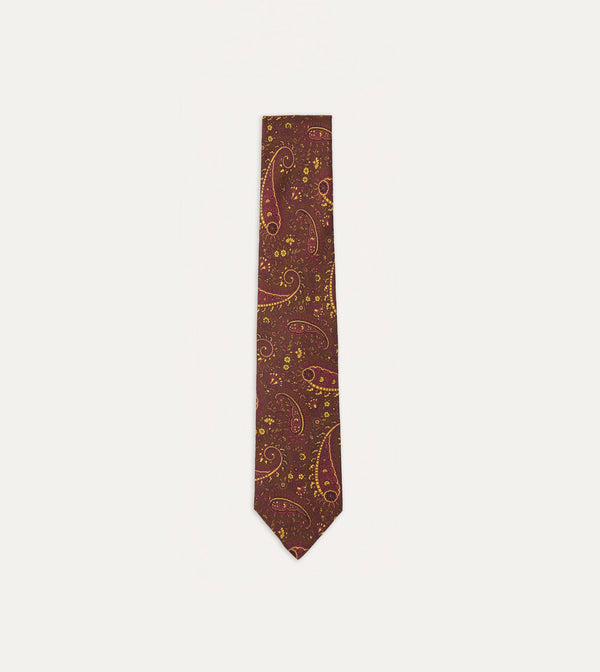 drake's Brown Red and Yellow Paisley Print Madder Twill Silk Tie