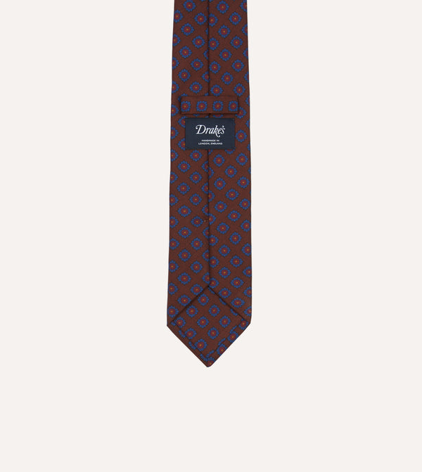 Drake's Brown Square Flower Medallion Print Silk Self Tipped Tie