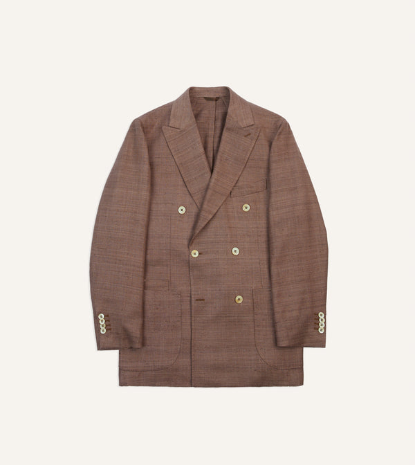 drake's Brown Tussah Silk Double-Breasted Tailored Jacket