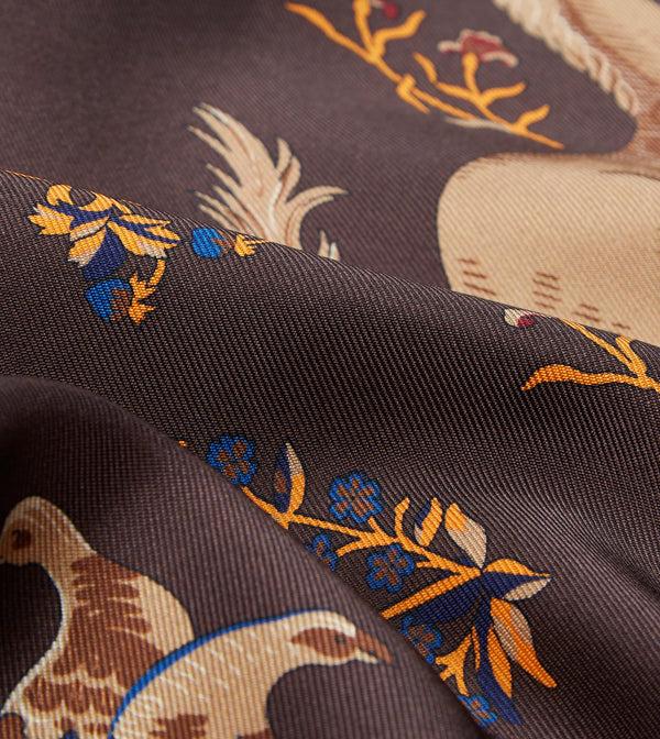 Drake's Brown Unicorn Print Tubular Silk Tasselled Scarf
