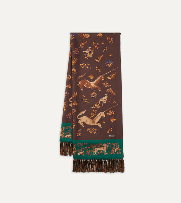 Drake's Brown Unicorn Print Tubular Silk Tasselled Scarf
