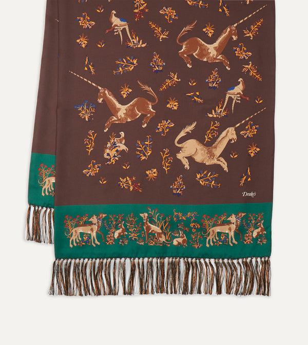 Drake's Brown Unicorn Print Tubular Silk Tasselled Scarf