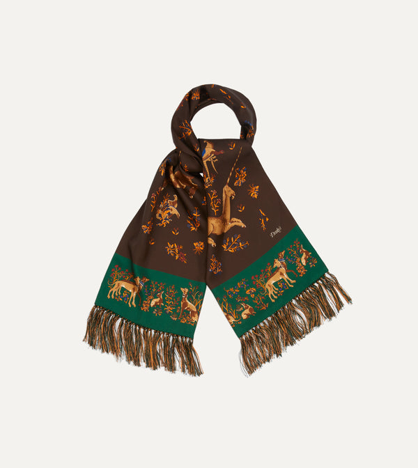 drake's Brown Unicorn Print Tubular Silk Tasselled Scarf