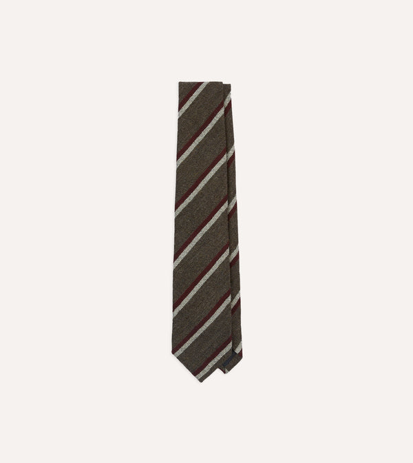 drake's Brown White and Red Double Stripe Tipped Wool Tie
