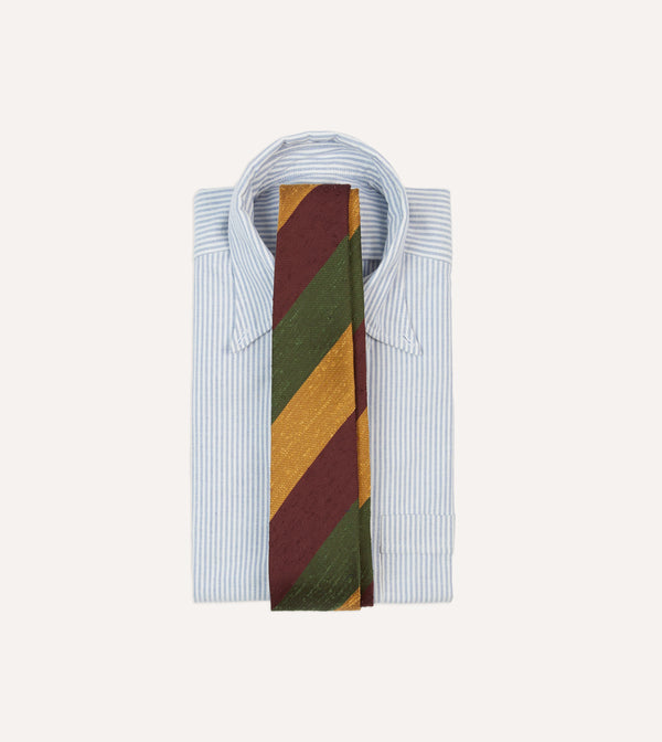 Drake's Burgundy Gold And Olive Block Stripe Shantung Silk Tie