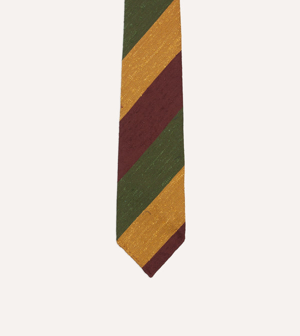 Drake's Burgundy Gold And Olive Block Stripe Shantung Silk Tie