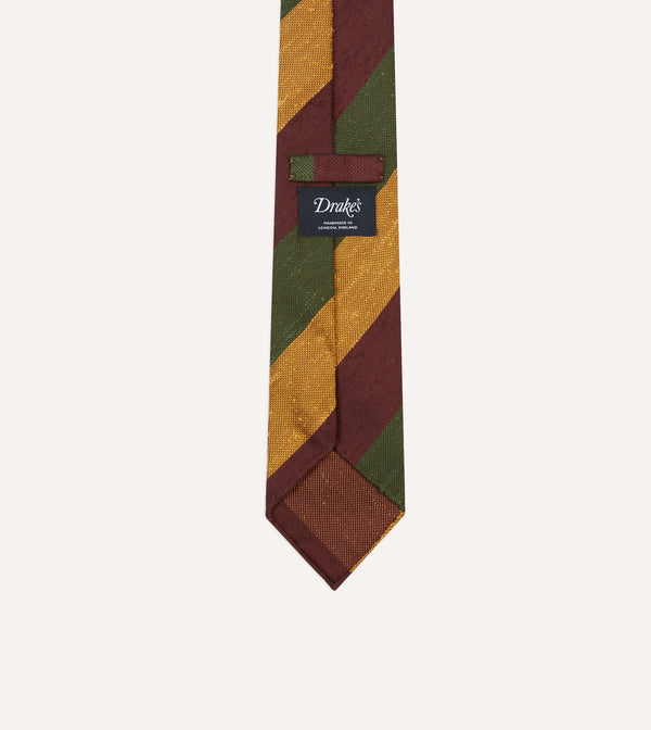 Drake's Burgundy Gold And Olive Block Stripe Shantung Silk Tie