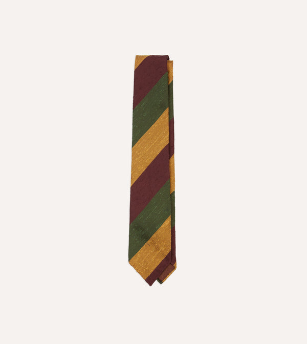 drake's Burgundy Gold and Olive Block Stripe Shantung Silk Tie