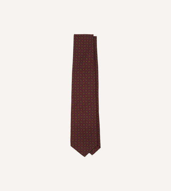 drake's Burgundy Medallion Print Silk Twill Self Tipped Tie