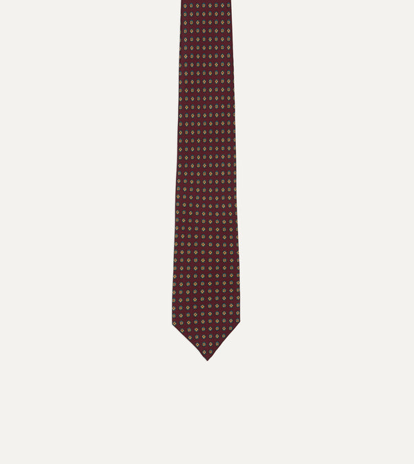 Drake's Burgundy Micro Geometric Print Silk Self Tipped Tie