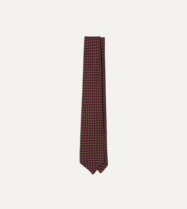 drake's Burgundy Micro Geometric Print Silk Self Tipped Tie