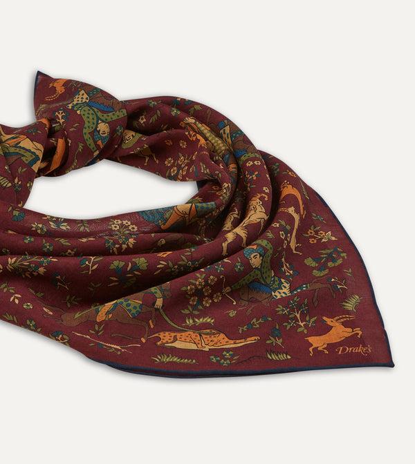 Drake's Burgundy Mughal Print Wool-Silk Square Scarf