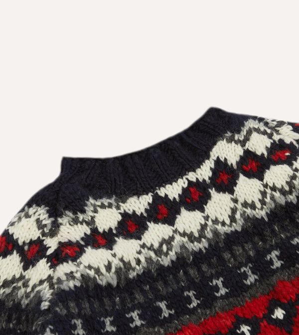 Drake's Chamula For Drake's Navy And Red Fairisle Merino Jumper