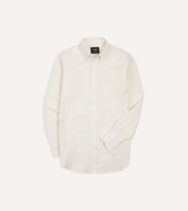 drake's Cream Ticking Stripe Cotton Oxford Cloth Button-Down Shirt