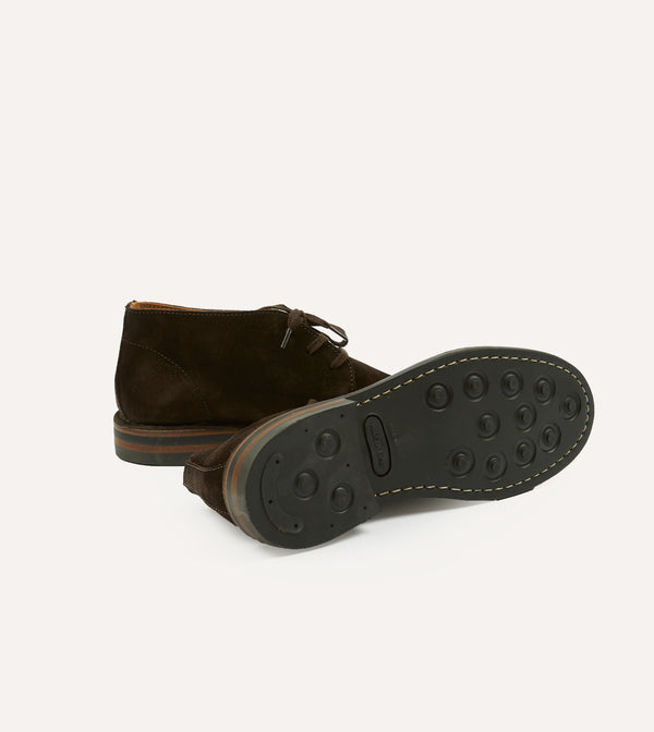Drake's Crosby Moc-Toe Chukka Boot Dark Brown Roughout Suede With Rubber Sole